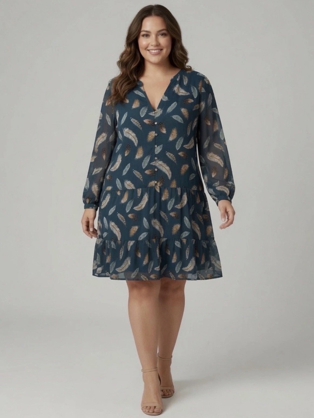 LOFT Navy Feather-Print Long Sleeve Tiered Dress